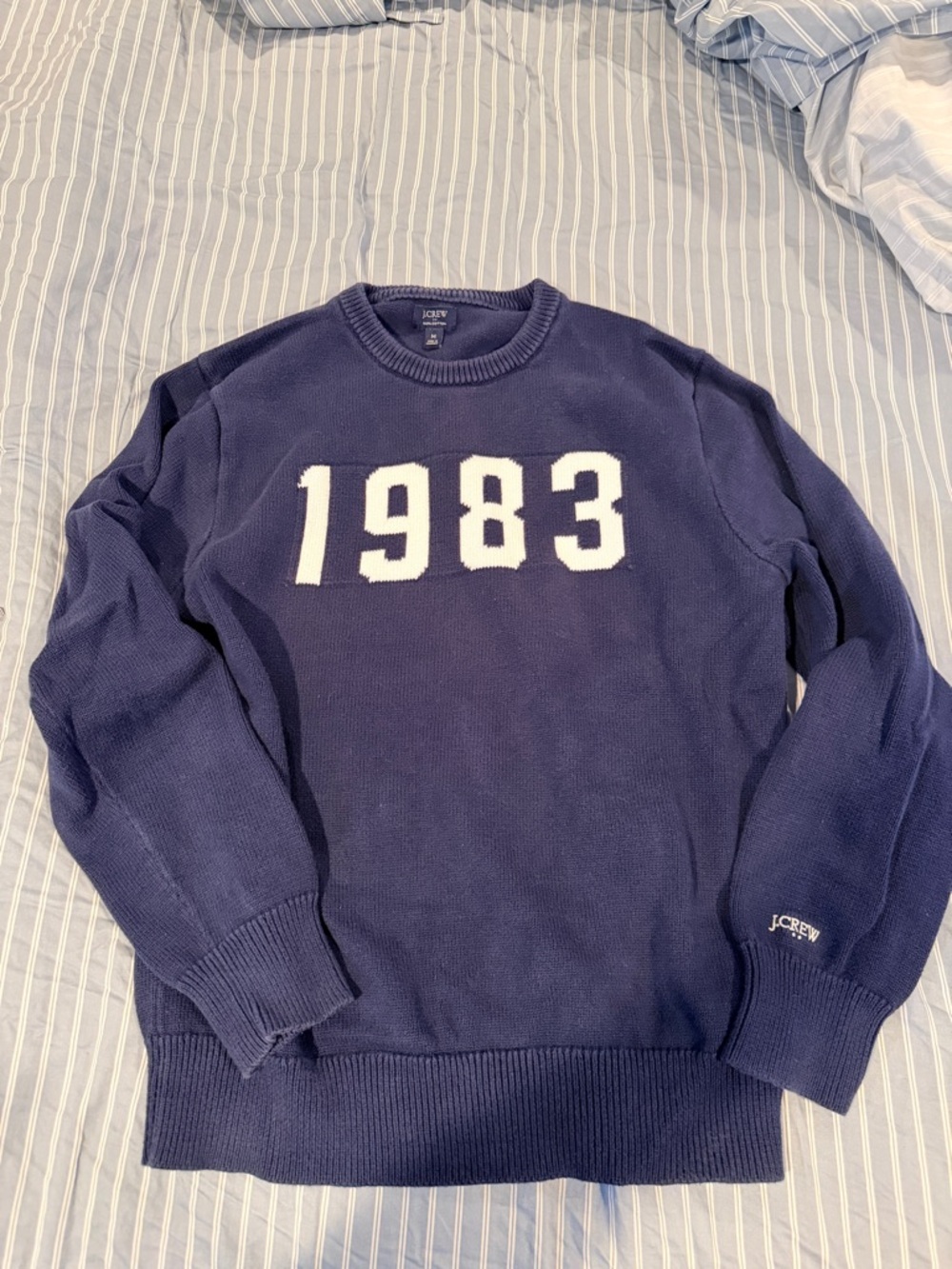 J. Crew Navy Crewneck Sweater with White '1983' Logo